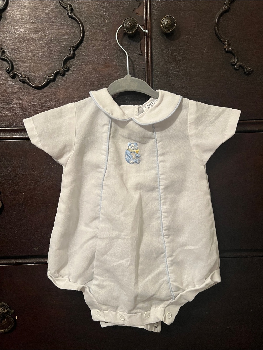 White Baby Bubble with Blue Trim and Teddy Bear Embroidery